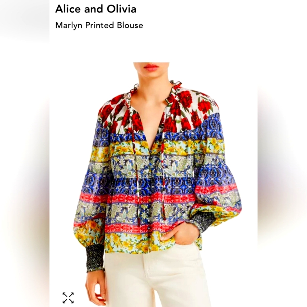 Alice and Olivia Marlyn Tie-Neck Button-Down Tiered Blouse
